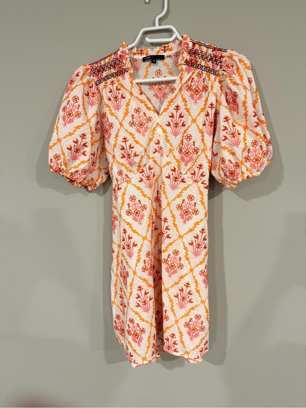 Make Floral Puff-Sleeve V-Neck Mini Dress in Pink & Orange Size 38